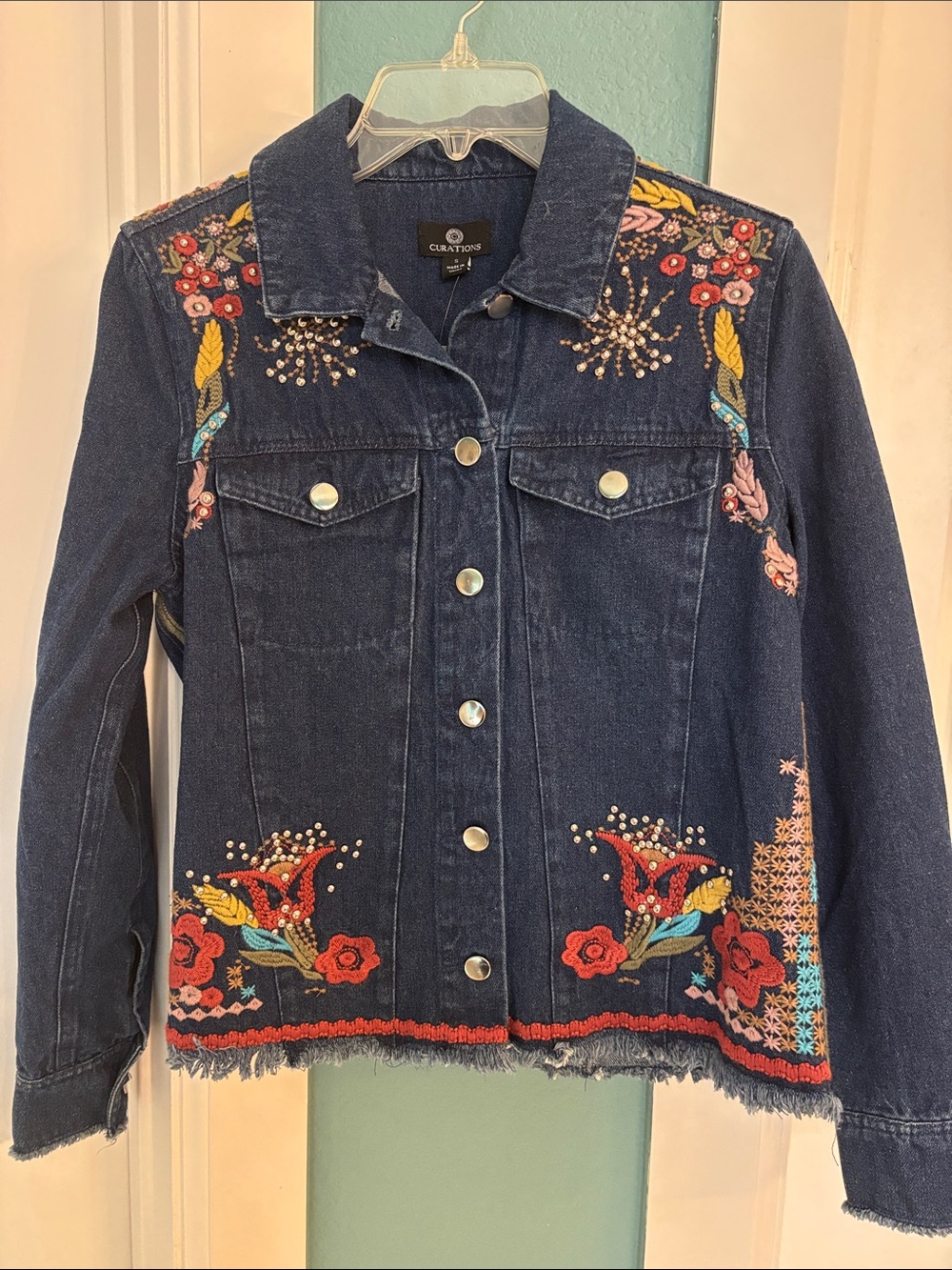 Curations Embroidered Navy Denim Jacket with Floral Detail